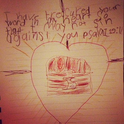 Josh's (1st Grade) illustration: a scroll (God's word) in a treasure box in a heart and in a cross. 